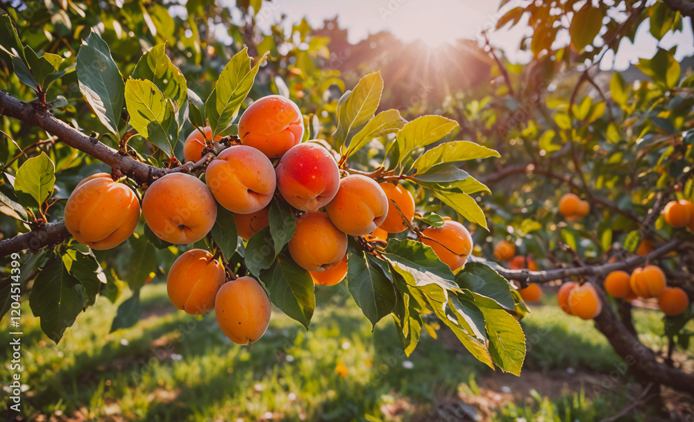 Poster Tree with many oranges hanging from it. The oranges are ripe and ready to be picked. The tree is surrounded by green leaves and grass