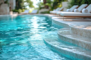 A pool with steps and surrounding area