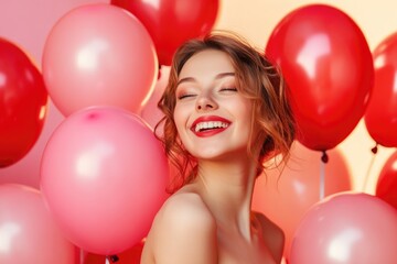 Obraz premium A woman posing with a bright red lipstick and holding a bunch of pink balloons, great for celebrations or party invitations