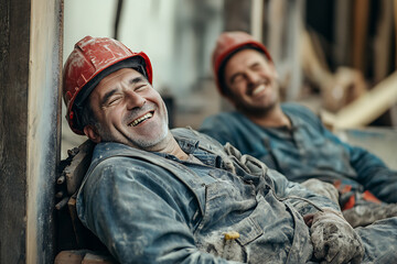 Fototapeta premium Two Construction Workers Smiling During Break Time