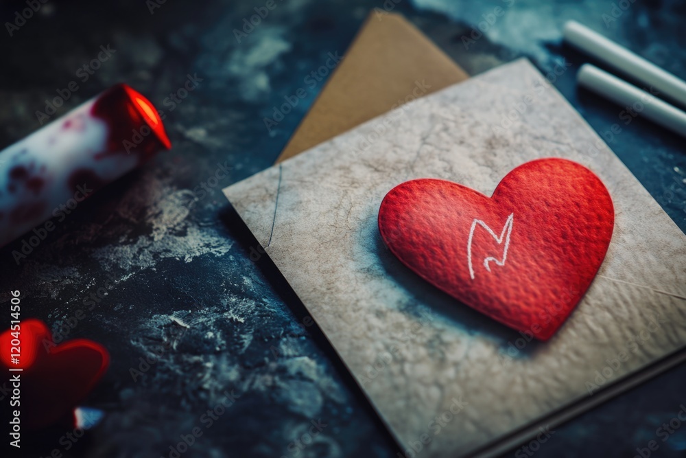 Poster a single red heart drawn on a piece of paper, placed on a table
