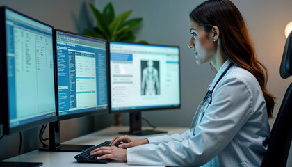 Healthcare pro works intensely on computer in medical office. Focused doctor manages electronic medical records. Modern clinic setting with multiple computer screens. Pro medical staff works with