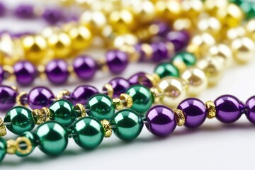 A close-up view of colorful beads arranged on a white surface