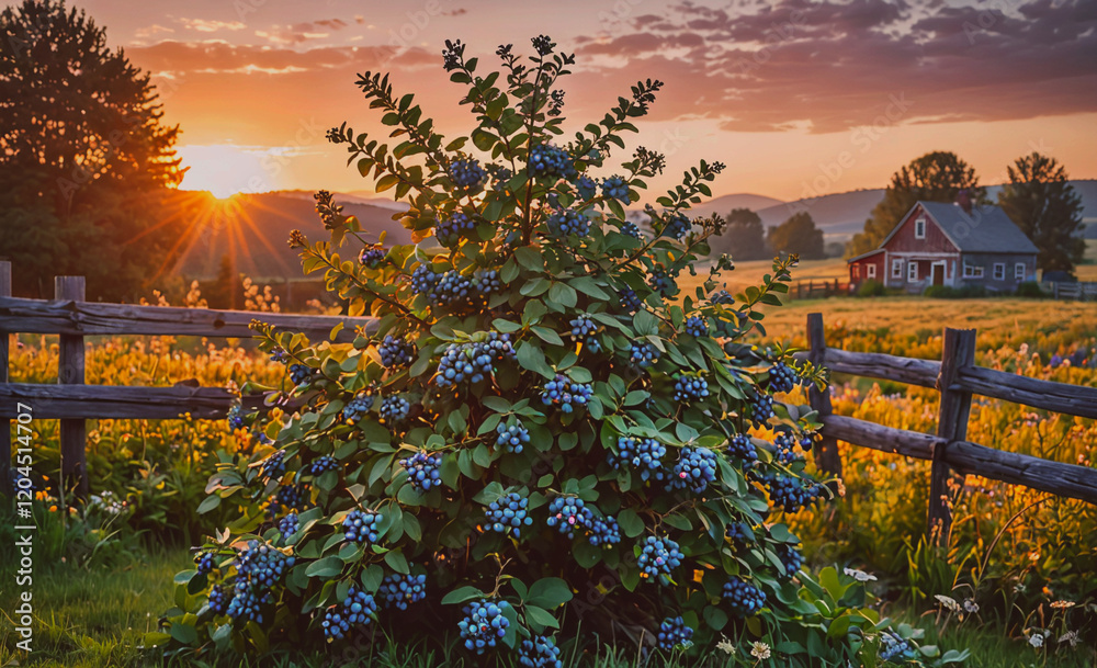 Poster blueberry bush is in a field with a red house in the background. the sun is setting, casting a warm 
