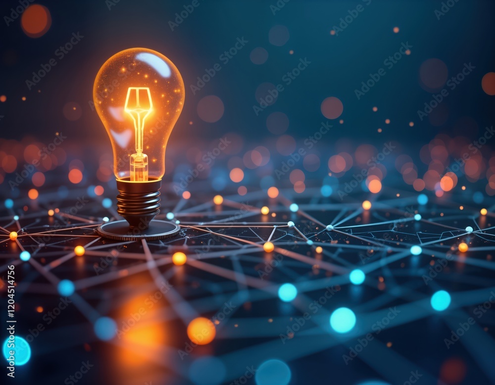 Poster Futuristic network with glowing lightbulb. Abstract AI tech concept. Neon light effects create smart, bright idea. Futuristic lightbulb network system. Network structure connected in cyberspace.