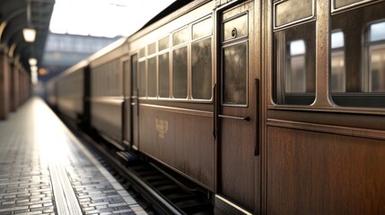 Fototapeta premium Detailed view of a vintage railcar awaiting passengers at a sunlit train station platform during early morning hours