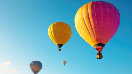 Obraz premium Colorful hot air balloons soar in a clear blue sky, a peaceful scene perfect for travel brochures