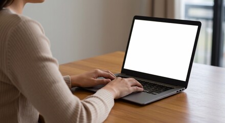 Mockup image of a woman working and typing on laptop computer with blank white desktop screen
