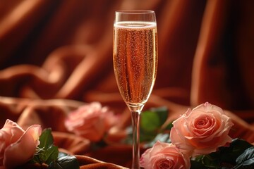 A close-up view of a glass of wine surrounded by fresh roses, great for romantic dinner or special occasions