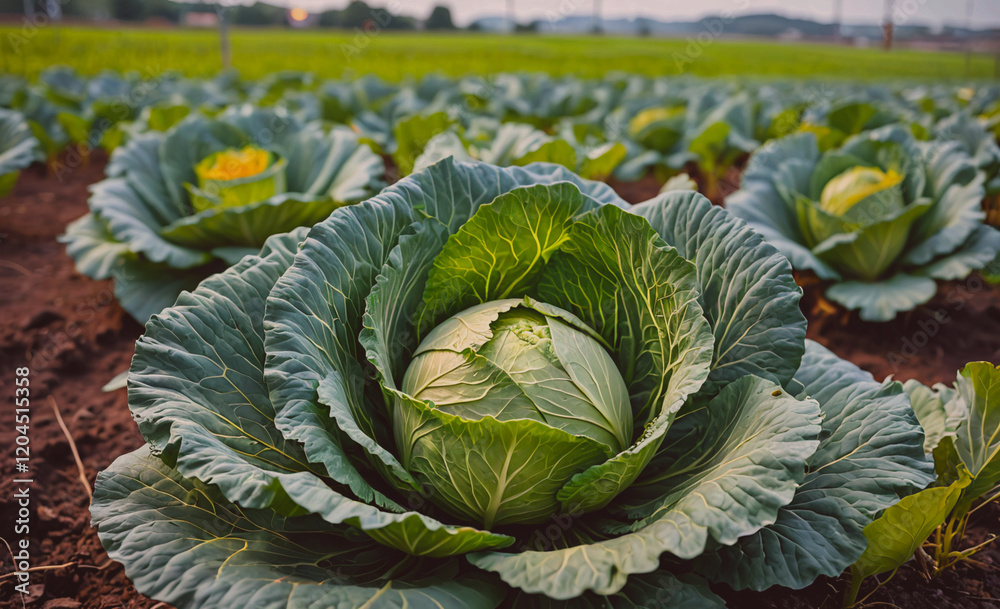Poster large head of cabbage sits in a field of green plants. the cabbage is surrounded by other vegetables