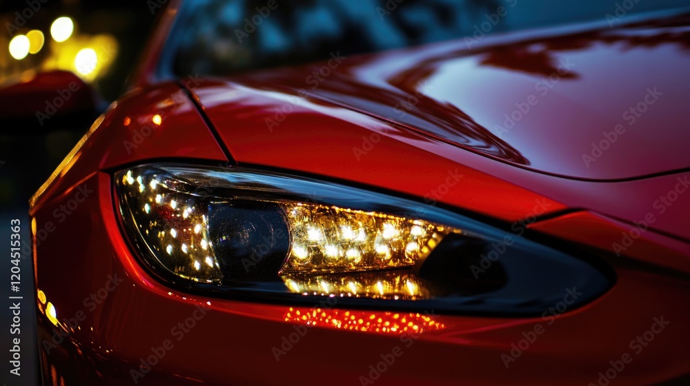 Poster a close-up shot of the bright red car's headlights, suitable for use in automotive or travel-related