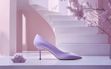 Elegant pointed-toe pump in a muted lavender shade displayed on a modern fashion editorial set