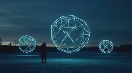 Person observing glowing geometric spheres in snowy landscape