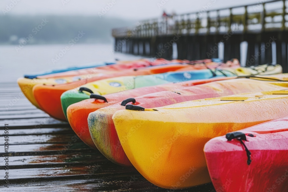 Poster Row of kayaks on a dock, ready for use