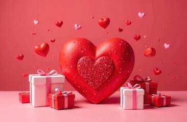 Red and pink hearts float above a large heart sculpture surrounded by colorful wrapped gifts. This festive arrangement celebrates the spirit of love and romance, perfect for Valentine's Day.