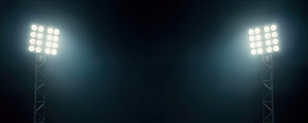 Powerful stadium lights illuminate dark outdoor space. Sport arena lights shine bright against dark night. Strong illumination emphasizes night sport action. Night time sports atmosphere. Athletic