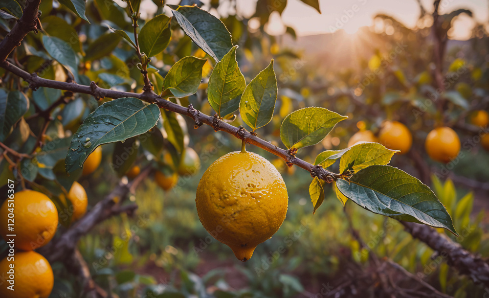 Poster tree with many lemons hanging from it. the lemons are ripe and ready to be picked