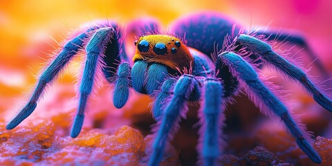 A colorful spider sits atop a rock