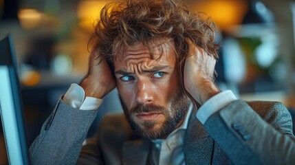 A person sitting at a computer, looking concerned, possibly experiencing technical difficulties