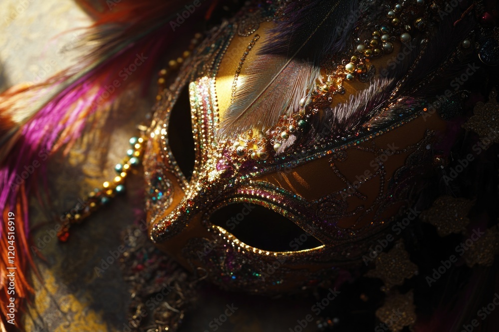 Poster close-up of a colorful carnival mask adorned with feathers, great for parties or festive events