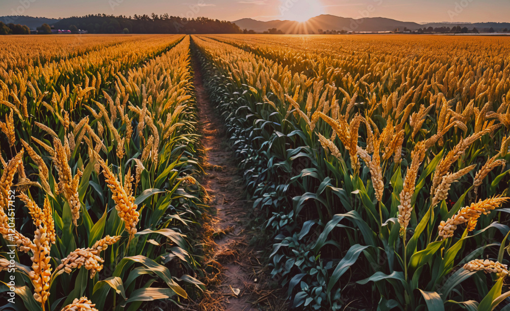 Poster Field of golden wheat with a sun shining on it. The sun is in the background and the field is very long