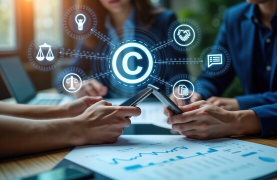 Business team analyzes data using smart phones on desk. VR screen copyright icon appears in background. Concept of copyright protection, intellectual property. Creative professionals examine digital