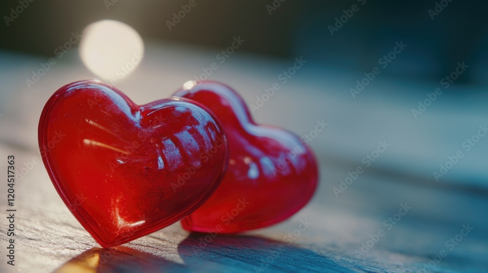 Poster a pair of red hearts placed on a rustic wooden surface