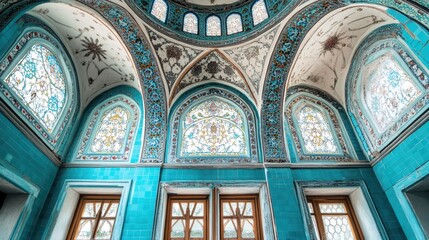Obraz premium Ornate Turquoise Room With Stained Glass Windows And Painted Ceiling