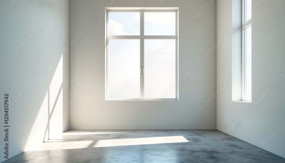 Poster Empty room with large window. Sunlight creates shadows on floor. Modern minimalist interior design. Bright and clean space. Minimalist architecture. Light and shadows interplay.