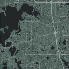 Map of Minnetonka in Minnesota in a smooth dark style. Contains layered vector with roads water, parks, etc.