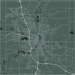 Map of Rochester in Minnesota in a smooth dark style. Contains layered vector with roads water, parks, etc.