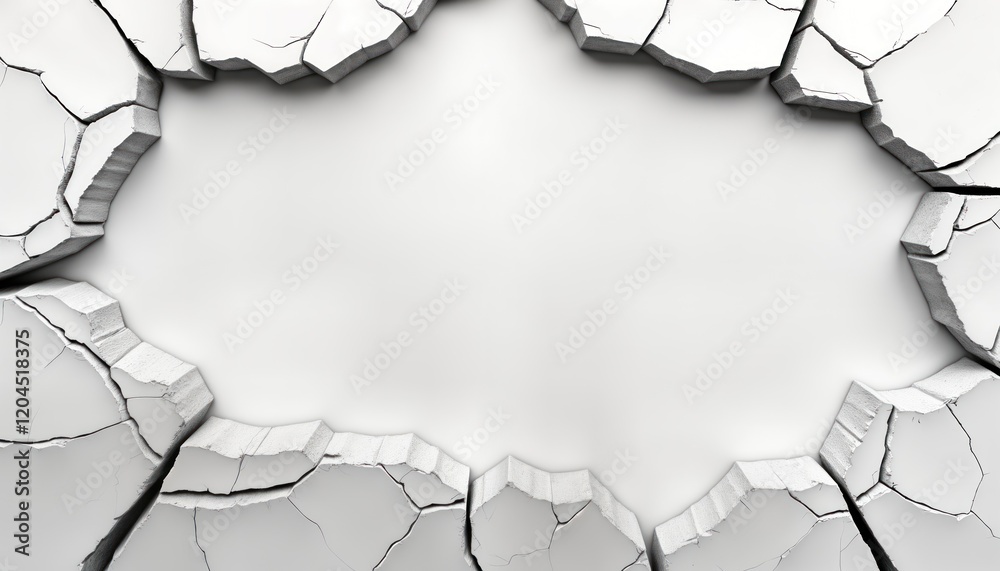 Poster Cracked white surface creates unique frame. Abstract design with pattern of fissures. Damaged material. Empty space inside frame. Modern, artistic illustration. Blank background. Potential use in