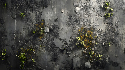 Grey wall with peeling paint and moss growth, adding a natural touch.