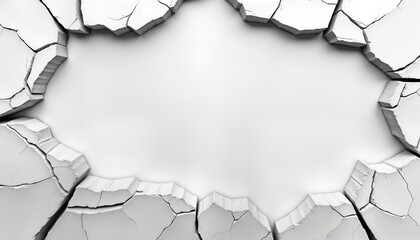 Cracked white surface creates unique frame. Abstract design with pattern of fissures. Damaged material. Empty space inside frame. Modern, artistic illustration. Blank background. Potential use in