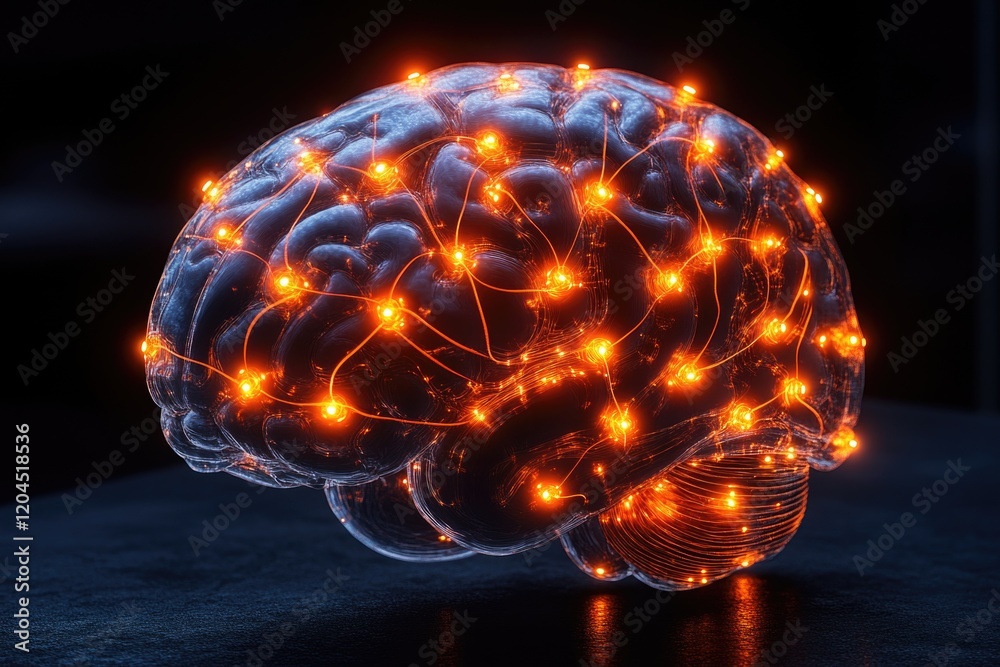 Poster a futuristic computer brain with glowing lights, perfect for sci-fi and technology illustrations