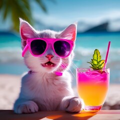 Cute kitten wearing sunglasses enjoying
