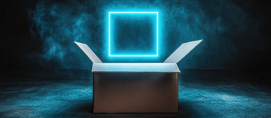 Open cardboard box with glowing neon square inside.