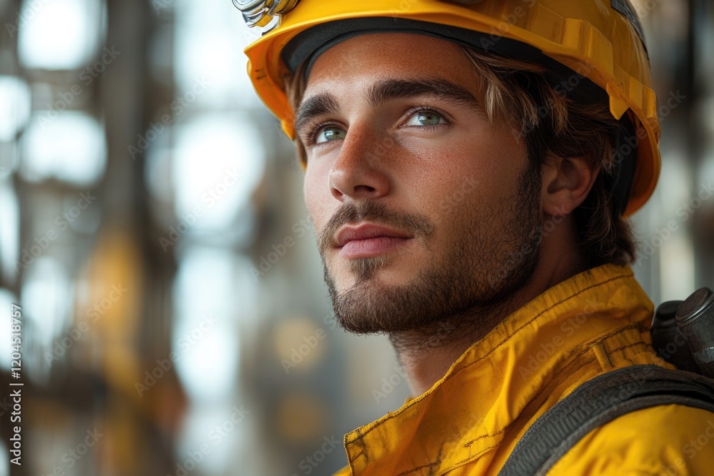 Poster a construction worker in a hard hat and yellow jacket at work on a building site