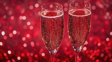Two champagne flutes on a bright red surface, perfect for party decorations or romantic dinner settings