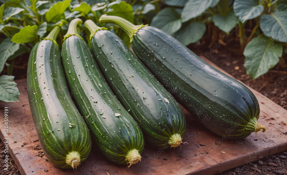 Aufkleber four large green cucumbers are sitting on a wooden table. the cucumbers are shiny and wet, indicatin