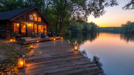 Fototapeta premium Lakeside cabin sunset, tranquil evening, river view, cozy interior, vacation rental