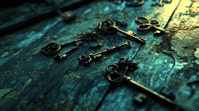 Antique keys scattered on a weathered wooden surface.