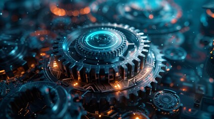 Mechanical gears interlock and rotate, surrounded by glowing lights. Concept of technology and engineering. For industrial photo or technology blog.