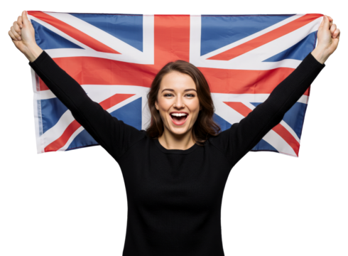 Excited Caucasian woman in her 30s holding United Kingdom flag while rising up arms