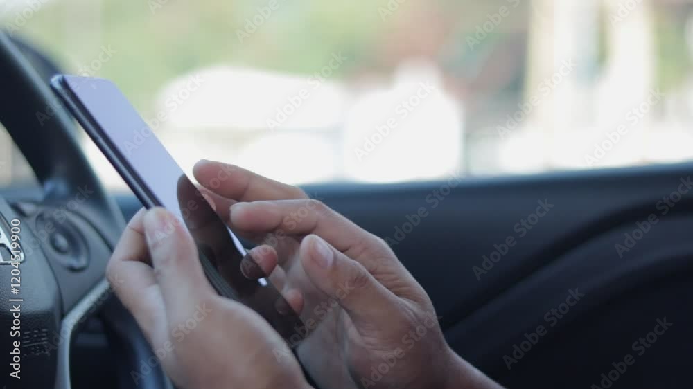 Leinwandbilder young man hand using app on smartphone in car for lock or unlock. the concept for using technology, 