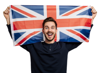 Cheerful English man in his 20s rising up his arms and holding United Kingdom flag