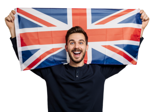 Cheerful English man in his 20s rising up his arms and holding United Kingdom flag