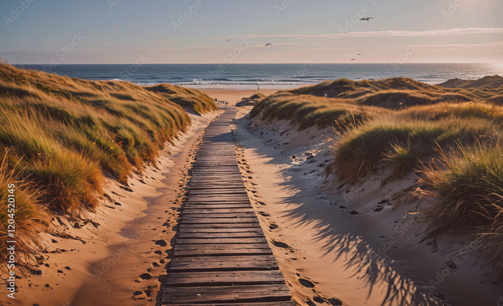 Aufkleber beach walkway with a wooden boardwalk leading to the ocean. the beach is empty and the sky is clear