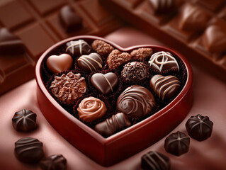 Heart-Shaped Chocolate Box with Assorted Shapes, Flavors, and Textures on Soft Pink Velvet, Adorned with Chocolates, Perfect for Valentine's Day Gifts.