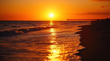 Fiery Sunset over the Ocean Beach and Pier